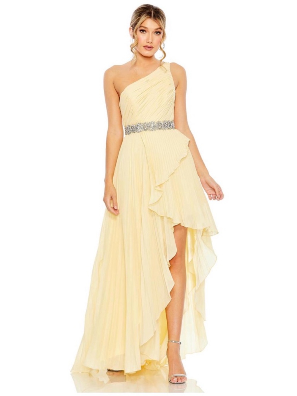 Mac Duggal Pleated One Shoulder Ruffle Maxi Dress